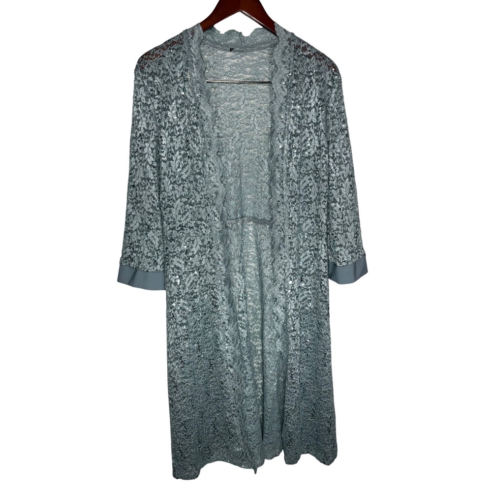 Sequin Lace Duster Cardigan Medium Blue Open Front Longline Jacket Boho Chic
